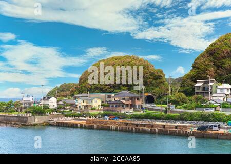 chiba, japan - july 18 2020: Coast of the Kanaya village in Futtsu city along the Uraga Channel with the National Route 127 passing through a tunnel i Stock Photo