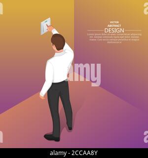 A man presses a light switch. 3D. Vector isometric illustration for a poster, advertisement. Lighting devices. Stock Vector