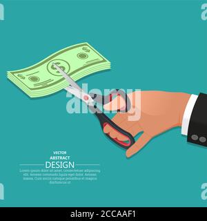 The hand of the businessman scissors dollar notes.Concept of reduction of the budget. Economy of money.3D. Isometry. Elements for design. Vector illus Stock Vector