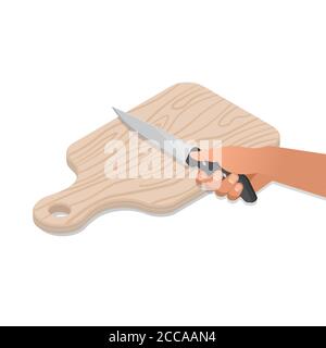 Hand with a kitchen knife on a chopping wooden board. Culinary concept. Elements for design.3D. Vector isometric illustration. Stock Vector