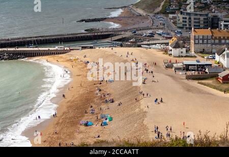 Looking down to west bay beach along the South West Coast Path, on the Jurassic Coast, Dorset, England, UK Stock Photo