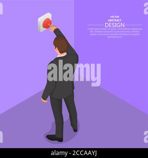 The man presses the red button. Alarm signal, danger.3D. Isometry. Vector illustration. Stock Vector