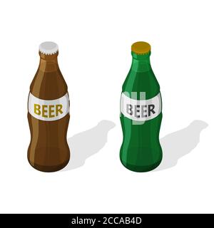 A set of two glass bottles of beer with a shadow on the white isolated background.3D. Isometric icon. Low alcohol drink. An element for design. Vector Stock Vector