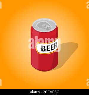 Can of beer with a shadow on the isolated yellow background.3D. Isometric icon. Low alcohol drink. An element for design. Vector illustration. Stock Vector