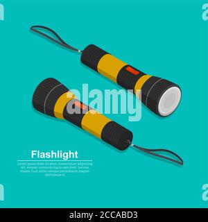 Set of two electric torches.The manual device for lighting. Flat style. Isometry.3D. Elements for design. Vector illustration. Stock Vector