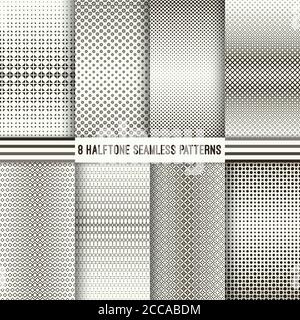 Set of halftone seamless patterns. Modern stylish textures with regularly repeating geometric shapes, rhombuses, triangles, dots, flowers of the diffe Stock Vector