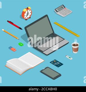 Set of office, office devices. Working tools for business. Isometric icon.3D. Elements for design. Vector illustration. Stock Vector