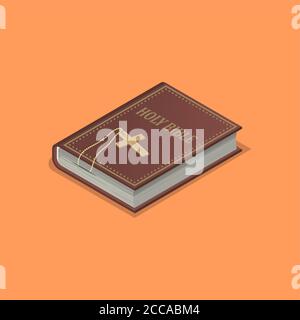 Holy bible with a cross.Church service symbol.Book by the Christian.Element for design.3D. Isometry.Vector illustration in flat style. Stock Vector