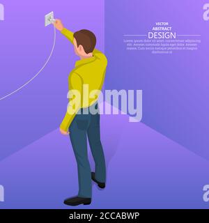 Person connects the power plug to the electrical socket. Contact electric devices. 3d style. Isometric projection. Flat design. Vector illustration Stock Vector