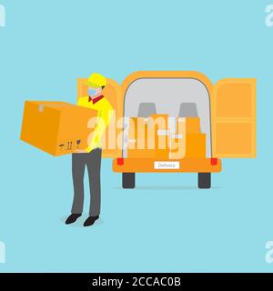 Vector of delivery man with face mask. Stay home buy online concept during Covid-19 or Coronavirus pandemic. A courier holding box package with delive Stock Vector