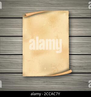 Realistic old roll on wooden boards.The empty dirty sheet of paper with a shadow.Template for design. Vintage frame.The ancient sheet of paper with th Stock Vector