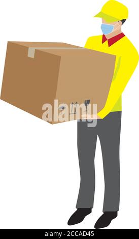 Vector of delivery man with face mask. Stay home buy online concept during Covid-19 or Coronavirus pandemic. A courier holding box package on white ba Stock Vector