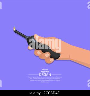 The hand holds the lit lighter for gas stoves.Kitchen accessory.3D. Isometry. An element for design. A vector illustration in flat style. Stock Vector