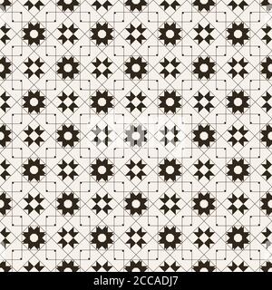Seamless pattern. Regularly repeating modern stylish geometrical texture with crossed linear rhombus grids, stars, outline squares. Vector element of Stock Vector