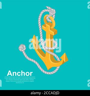 Badge a sea anchor with a rope.Ship equipment.Symbol of rescue, hope.3D. Isometry.Vector illustration on the isolated background. Stock Vector