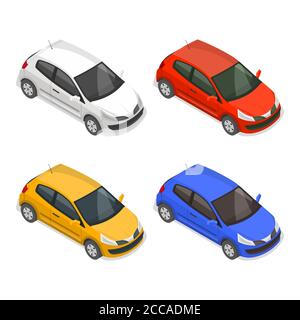 Set of passenger multi-colored cars on the isolated white background.3D. Isometry.Elements for design. Vector illustration. Stock Vector