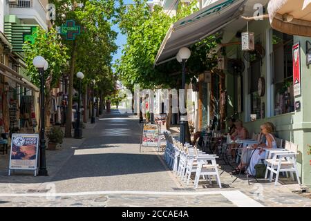 Empty street in normally bustling Greek town of Agios Nikolaos during corona summer July 2020, Crete Stock Photo