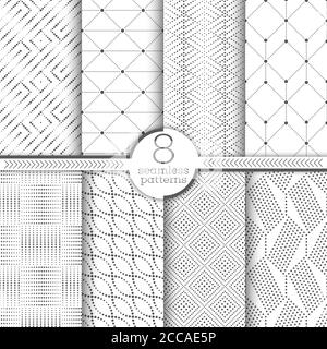 Set of vector seamless patterns. Modern stylish textures with small dots. Infinitely repeating geometrical ornaments with dotted shapes, rhombus, tria Stock Vector