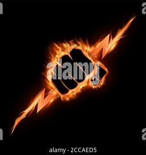 The burning fist squeezes a lightning.The vector illustration symbolizing force, the power. A logo, a sign for the power companies, fight club. Design Stock Vector