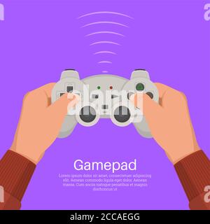 Hands operate the game controller. Equipment for video games. Digital entertainment. Concept of leisure, entertainment. A vector illustration in flat Stock Vector