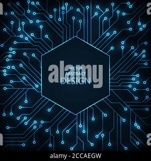 The shining scheme with a hexagonal frame.Digital technology. Neon futuristic design. Computer concept. Vector illustration. Stock Vector