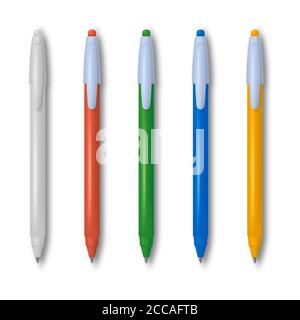 A set of the multi-colored writing pens. Office tools. Realistic objects with a shadow on the isolated white background.3D. Elements for design. Vecto Stock Vector