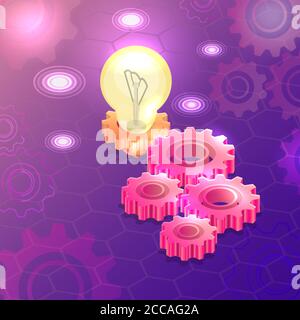 Gear wheels and the burning lamp. Innovative technologies. Idea business. Technical progress. Digital modern background. Colourful elements of design. Stock Vector