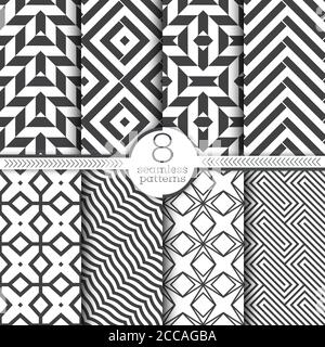 Set of seamless patterns. Modern elegant textures. Regularly repeating geometrical ornaments with zigzags, rectangles, rhombuses, curved strips. Vecto Stock Vector