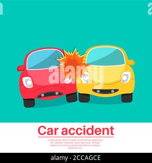 Car accident. Crash of two lovely cars. Animated film. The concept of vigilance and attention on roads. Comical design. Poster. Vector illustration in Stock Vector