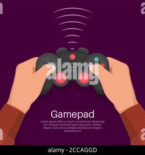 Hands operate the game controller. Equipment for video games. Digital entertainment. Concept of leisure, entertainment. A vector illustration in flat Stock Vector