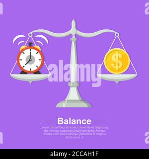 Scales with hours and a coin.Concept time and money.Balance between work and the given time.Business concept.Vector illustration in flat style.