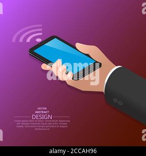 Hand holding the smartphone. Vector illustration in isometric, 3D style. Stock Vector