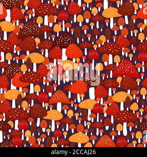 Amazing colorful forest meadow with amanita seamless pattern. Stock Vector