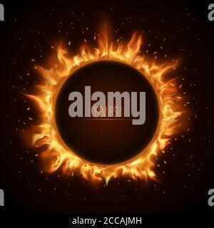Fiery banner.Flame in a circle with sparks.A glowing frame with space for text. Vector illustration. Stock Vector