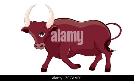 Cute cartoon brown bull on white background illustration. Stock Vector