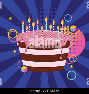 Tasty birthday chocolate cake with pink icing and candles. Stock Vector