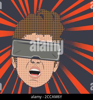 Frightened, shocked man in virtual reality glasses, retro pop art style with halftone. Stock Vector