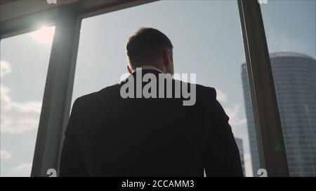 Successful businessman stands thoughtfully near the window. rear view.businessman standing near the office window Stock Photo