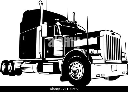 American Truck Trailer black and white illustration isolated on white Stock Vector