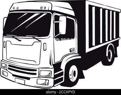 American Truck Trailer black and white illustration isolated on white Stock Vector
