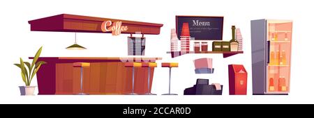 Coffee shop interior with wooden counter, stools and bottles in fridge. Vector cartoon set of furniture of cafe with coffee, tea and drinks, shelf with cups and menu board isolated on white background Stock Vector