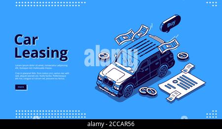 Car leasing isometric landing page, automobile lease or hire service. Vehicles rent, exhibition transport with scatter coins and payment contract docs, rental agency business, 3d line art web banner Stock Vector