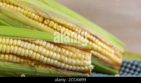 Ears of green corn. Brazilian culinary delicacy. Maize prepared for consumption and sale. Ear with corn seeds (Zea mays). Human and animal feed. Typic Stock Photo