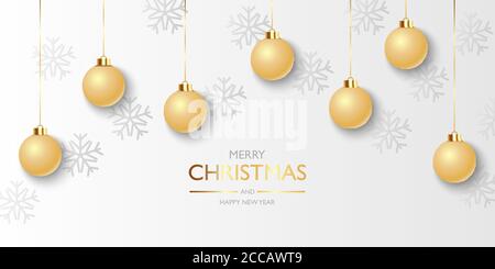 Christmas balls background, Hanging gold christmas balls and snowflakes, vector illustration Stock Vector