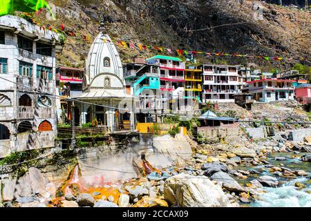 Kasol, Himachal Pradesh / India - May 20 2019: Sri Guru Nanak Dev Ji Gurudwara in Manikaran. It is the biggest Gurudwara in the state. Stock Photo