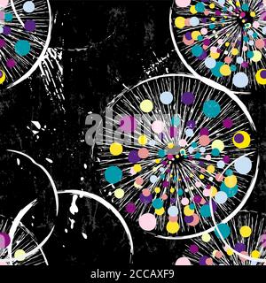 seamless background pattern, with circles/dots, lines, strokes and splashes, on black Stock Vector