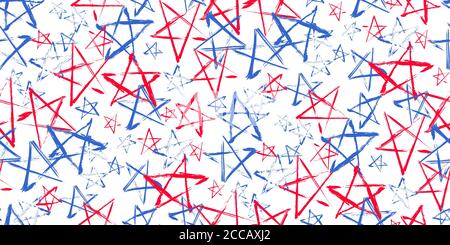Horizontal seamless pattern with blue, red, white stars of celebration USA Independence Day, Memorial Day. Holiday confetti in US flag colors for Inde Stock Vector