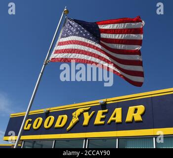 Racine, Wisconsin, USA. 20th Aug, 2020. Signs, promotional materials, and tire displays highlight the Goodyear tire brand at an independent tire store in Racine, Wisconsin Thursday August 20, 2020. President Trump criticized Goodyear Wednesday for not allowing employees to wear partisan or political clothing while at work. Credit: Mark Hertzberg/ZUMA Wire/Alamy Live News Stock Photo