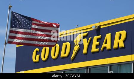 Racine, Wisconsin, USA. 20th Aug, 2020. Signs, promotional materials, and tire displays highlight the Goodyear tire brand at an independent tire store in Racine, Wisconsin Thursday August 20, 2020. President Trump criticized Goodyear Wednesday for not allowing employees to wear partisan or political clothing while at work. Credit: Mark Hertzberg/ZUMA Wire/Alamy Live News Stock Photo