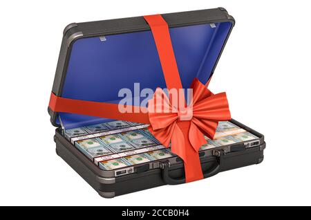 Hard case full of dollar packs with red bow, 3D rendering isolated on white background Stock Photo